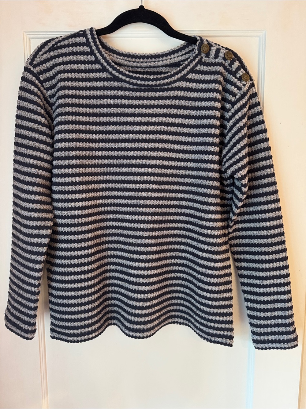 NIC+ZOE Navy and Gray Striped Crewneck Sweater with Button Detail